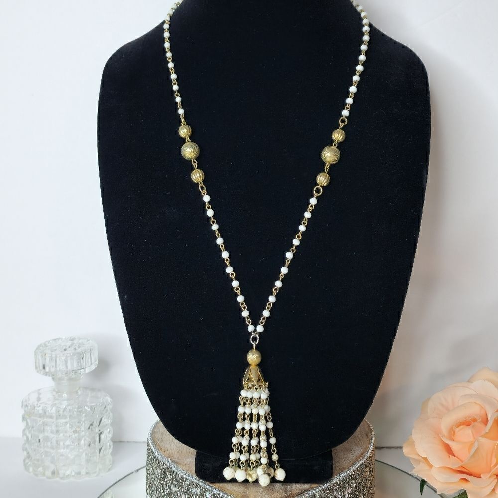 Vintage milk glass gold beaded sautior Tassel necklace